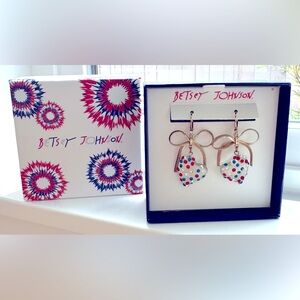 Betsey Johnson Patriotic Gold Bow Heart with Red, Blue, Clear Crystal Earrings